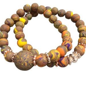 Hand Made Bracelet Polymer Clay Beads & Tibetan Rose Gold Spacers Stretch Cord